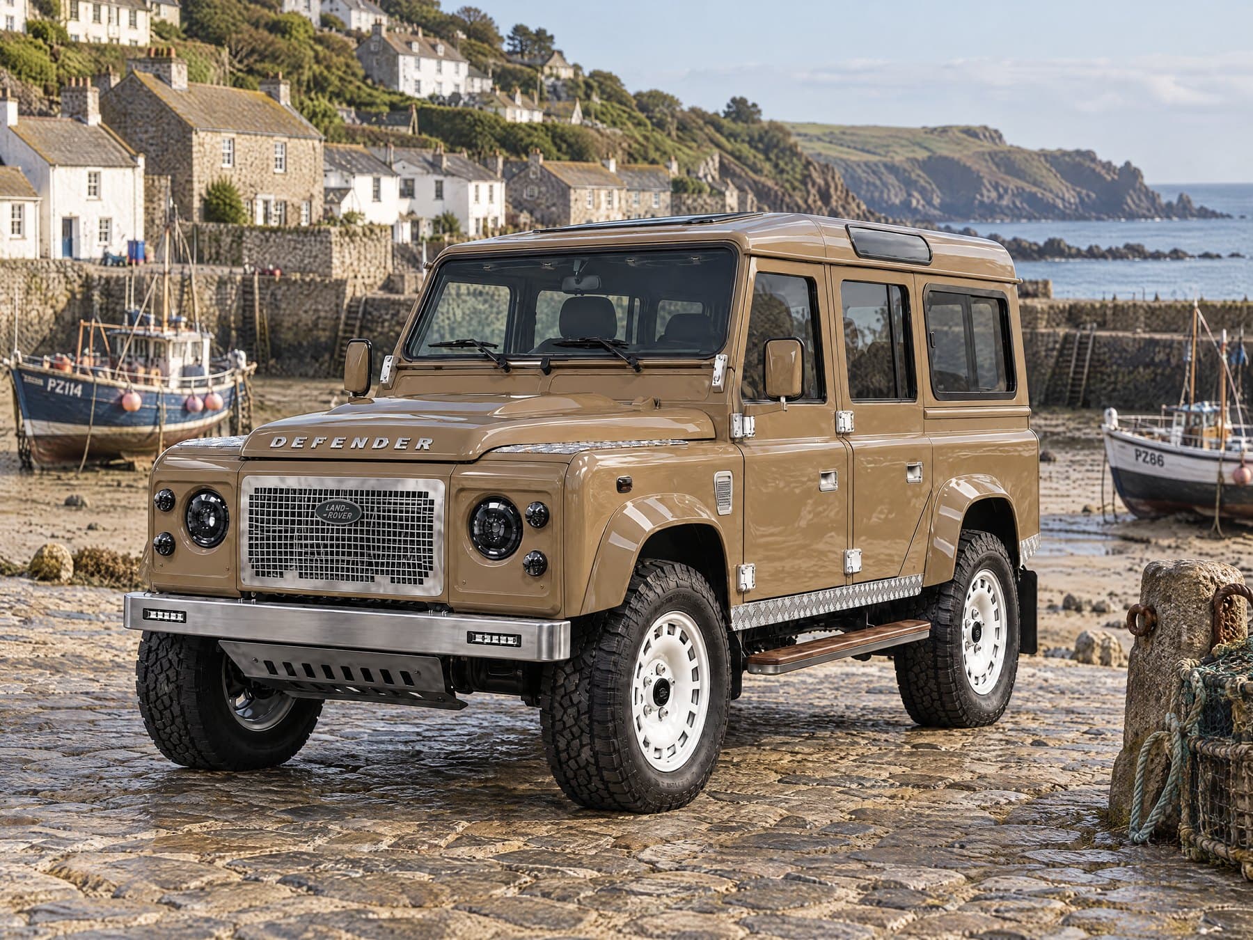 Bronze Defender 110 on a harbor quay with fishing boats