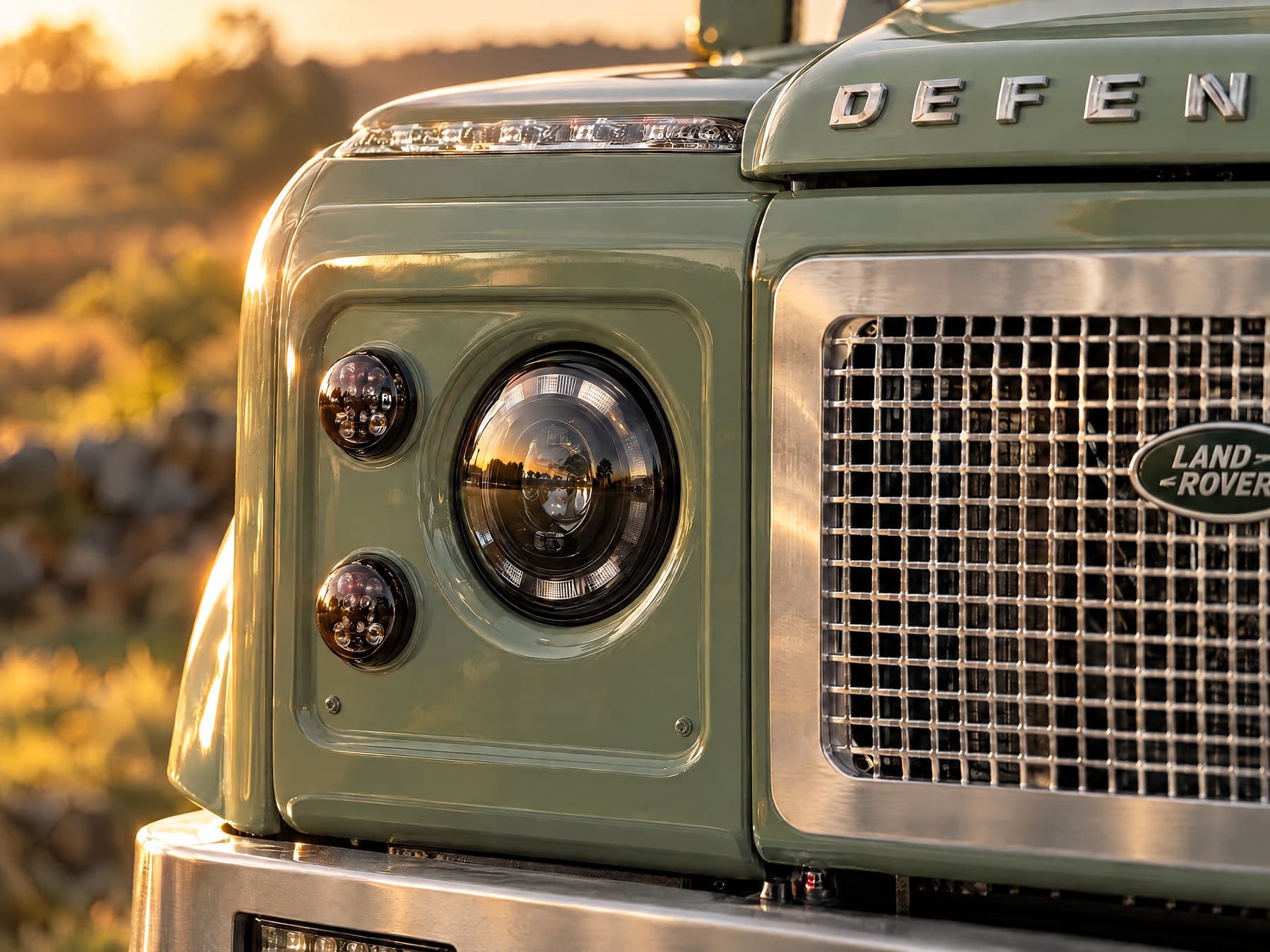 LED headlamp and indicators beside the stainless square-mesh grille on sage paint