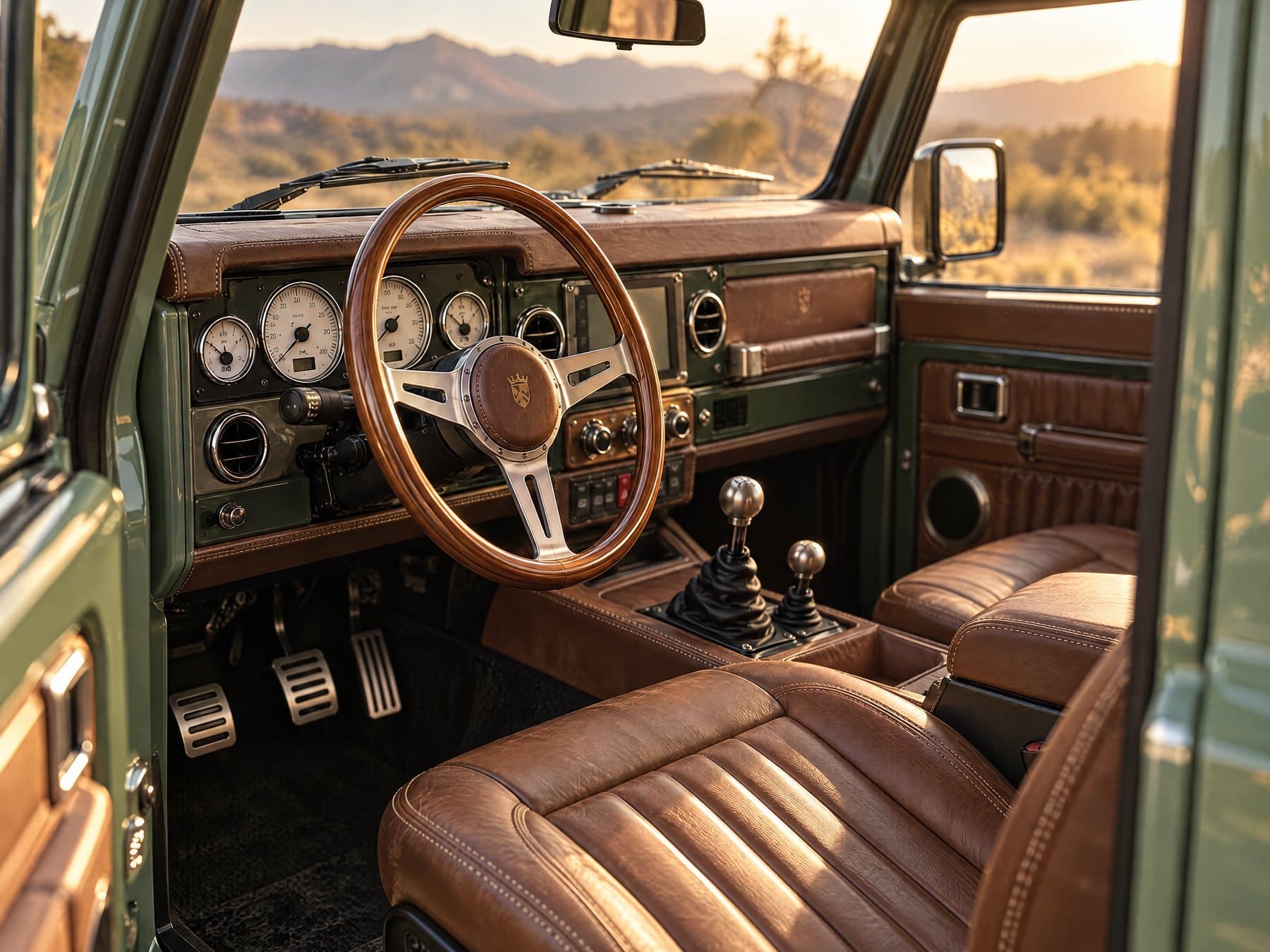 Tan leather seats, wood-rim wheel and sage-painted dash panels in low evening sun, seen through the open driver's door