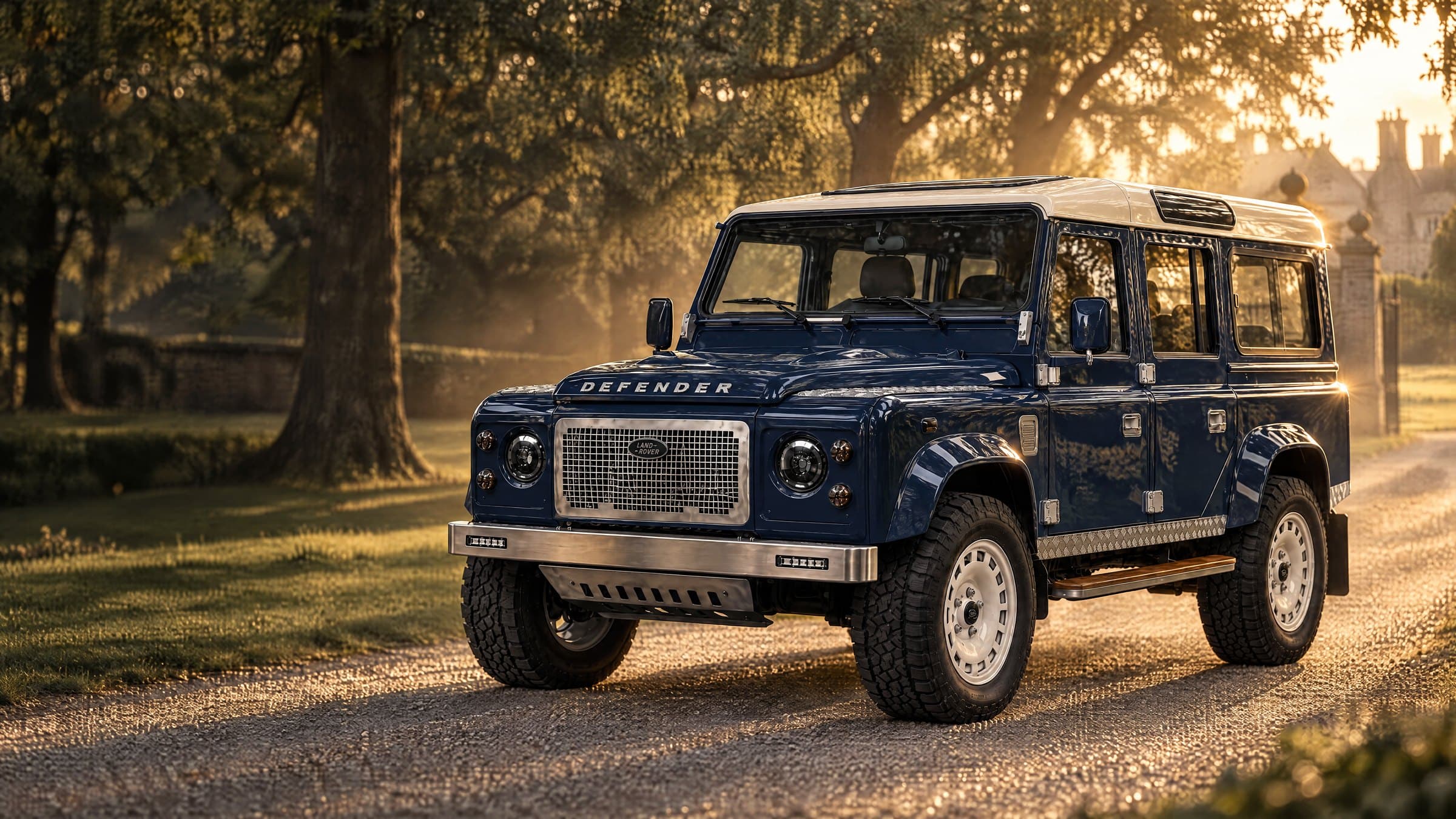Oxford Blue Defender 110 with an ivory roof on an oak-lined estate drive at sunset