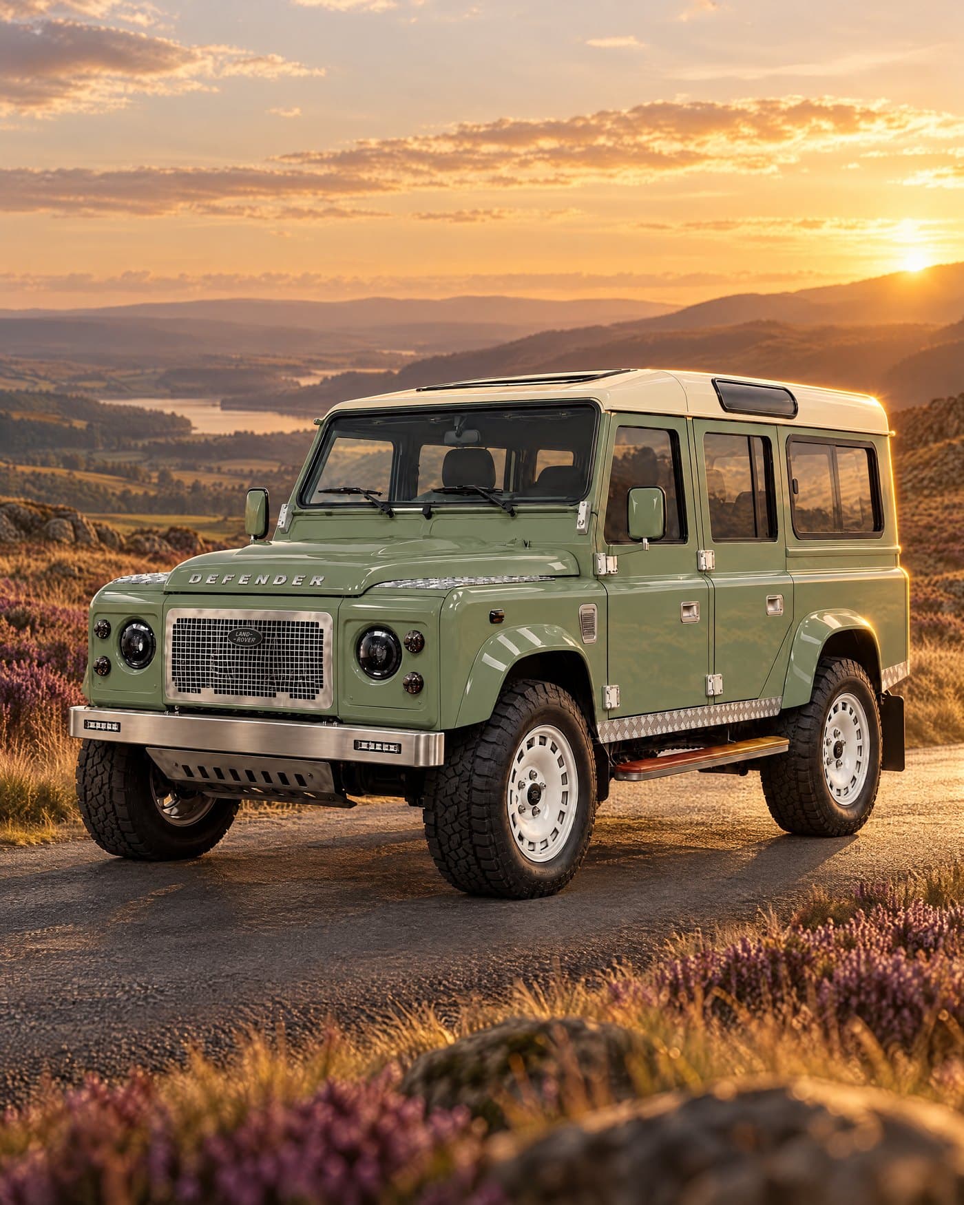 Sage Defender 110 with an ivory roof on a heather moorland road at sunset