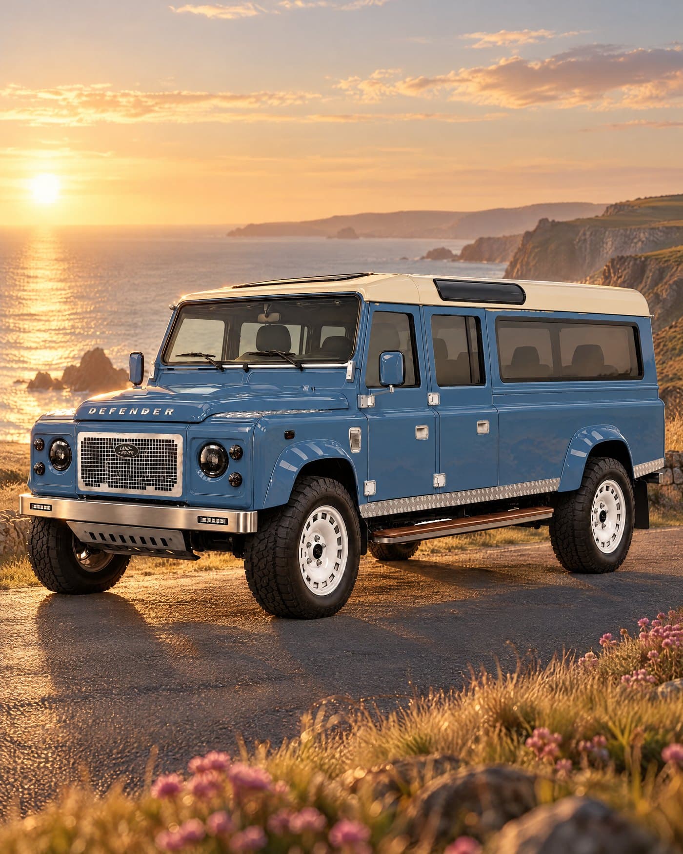 Heritage Blue Defender 130 with an ivory roof on a clifftop road at sunset