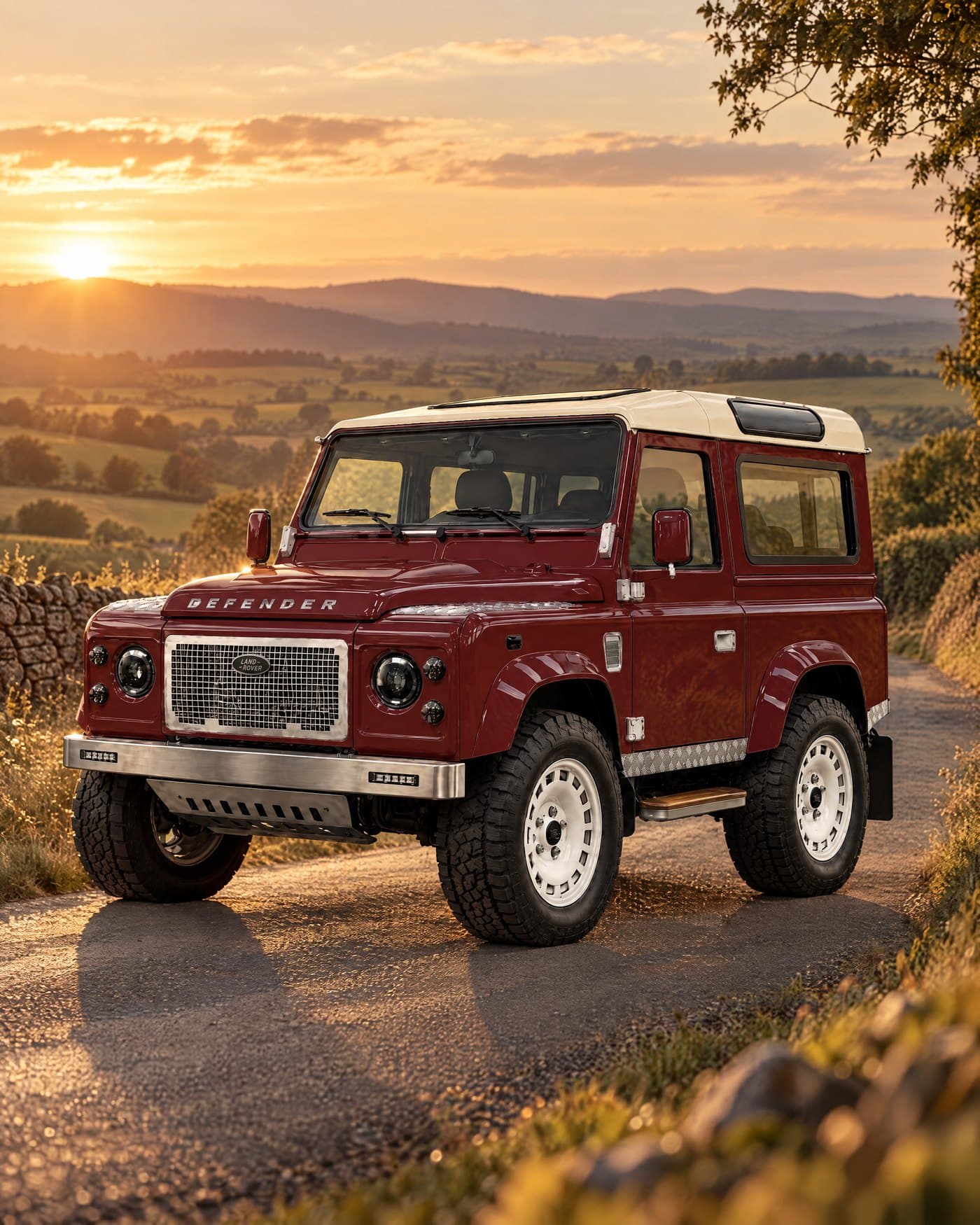 Claret Defender 90 with an ivory roof on a country lane at sunset