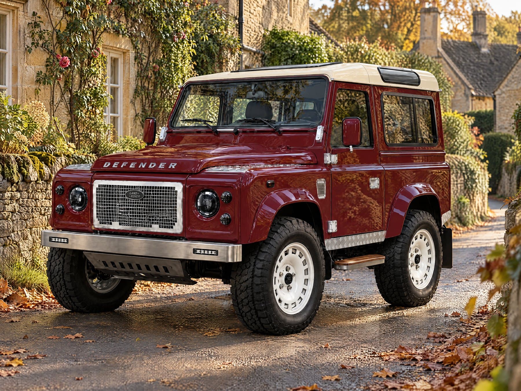 Claret Defender 90 with an ivory roof in a village lane of stone cottages